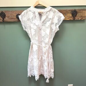 Cloth & Portrait‎ Ivory Floral Lace Mini Dress Split V-Neck Tassel Tie Large